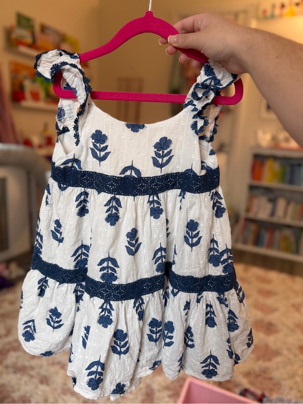 Girls White Dress with Navy Floral Embroidery